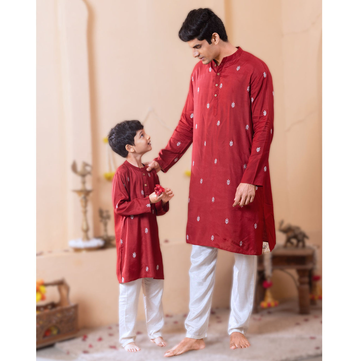 Embroidered Viscose Silk Kurta for Boys, Men | Maroon