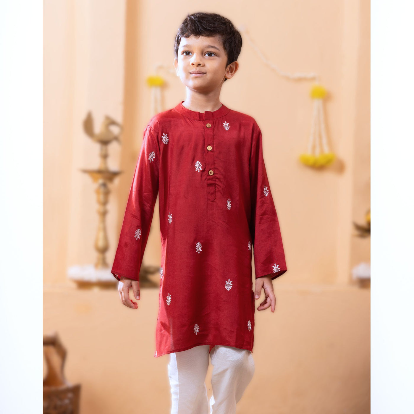 Embroidered Viscose Silk Kurta for Boys, Men | Maroon