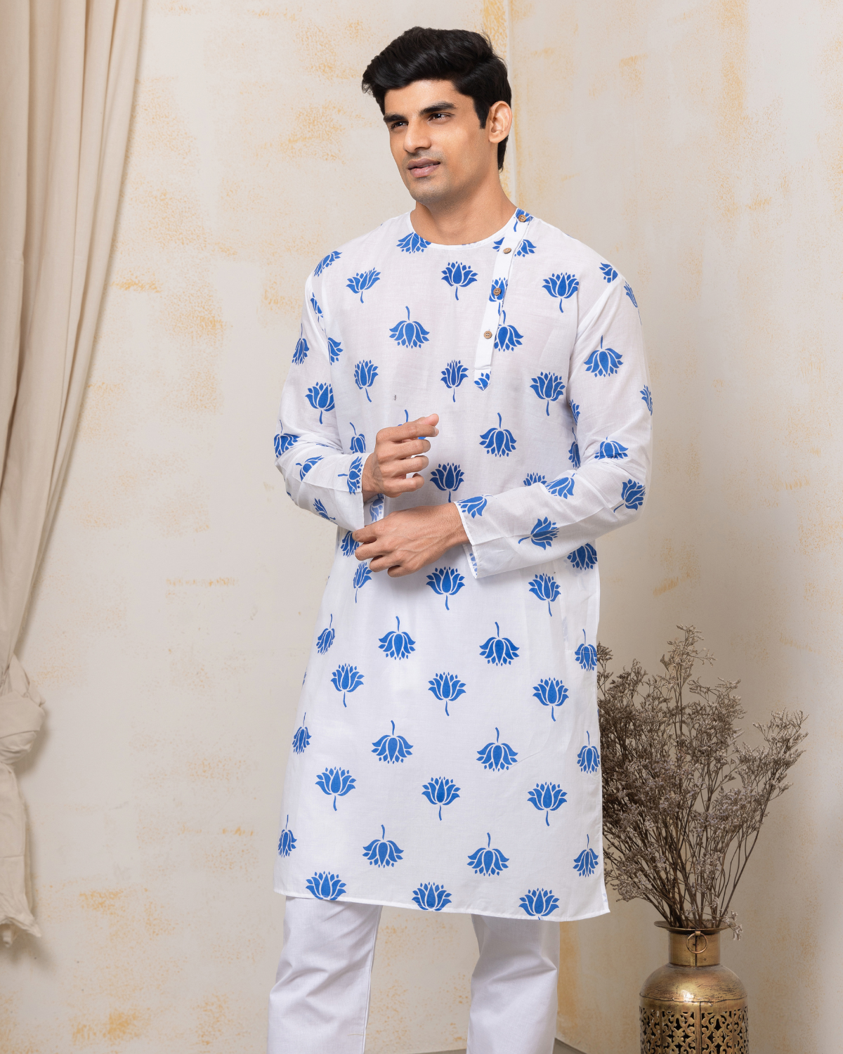 white mens cotton kurta blue lotus print