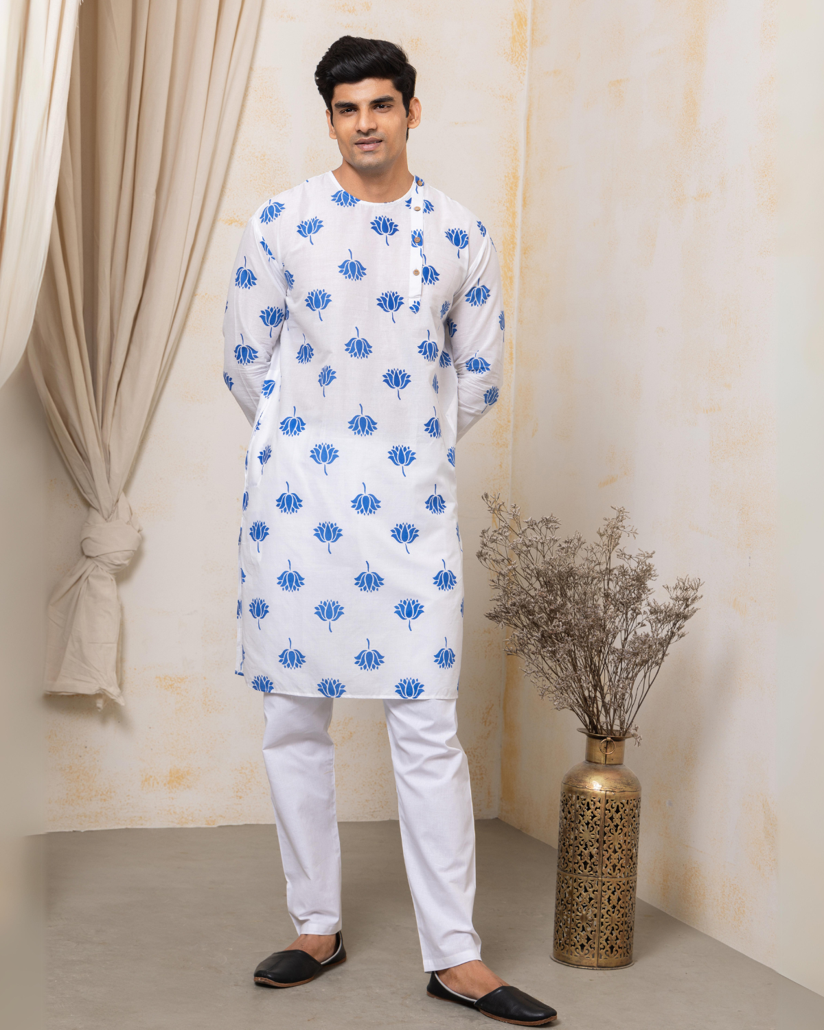 round neck kurta for men white and blue