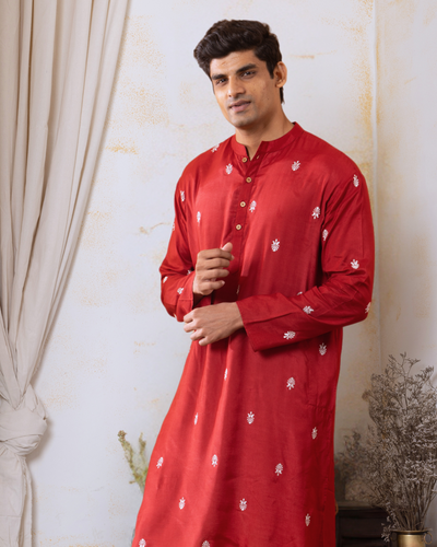 Embroidered Viscose Silk Kurta for Boys, Men | Maroon