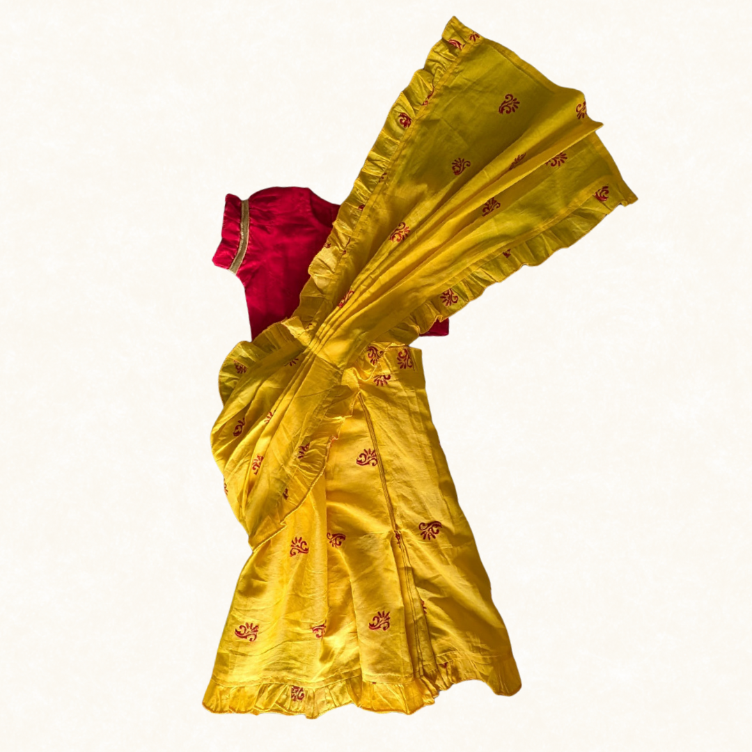 Prestitched Malmal Saree for Girls | Sunshine Yellow