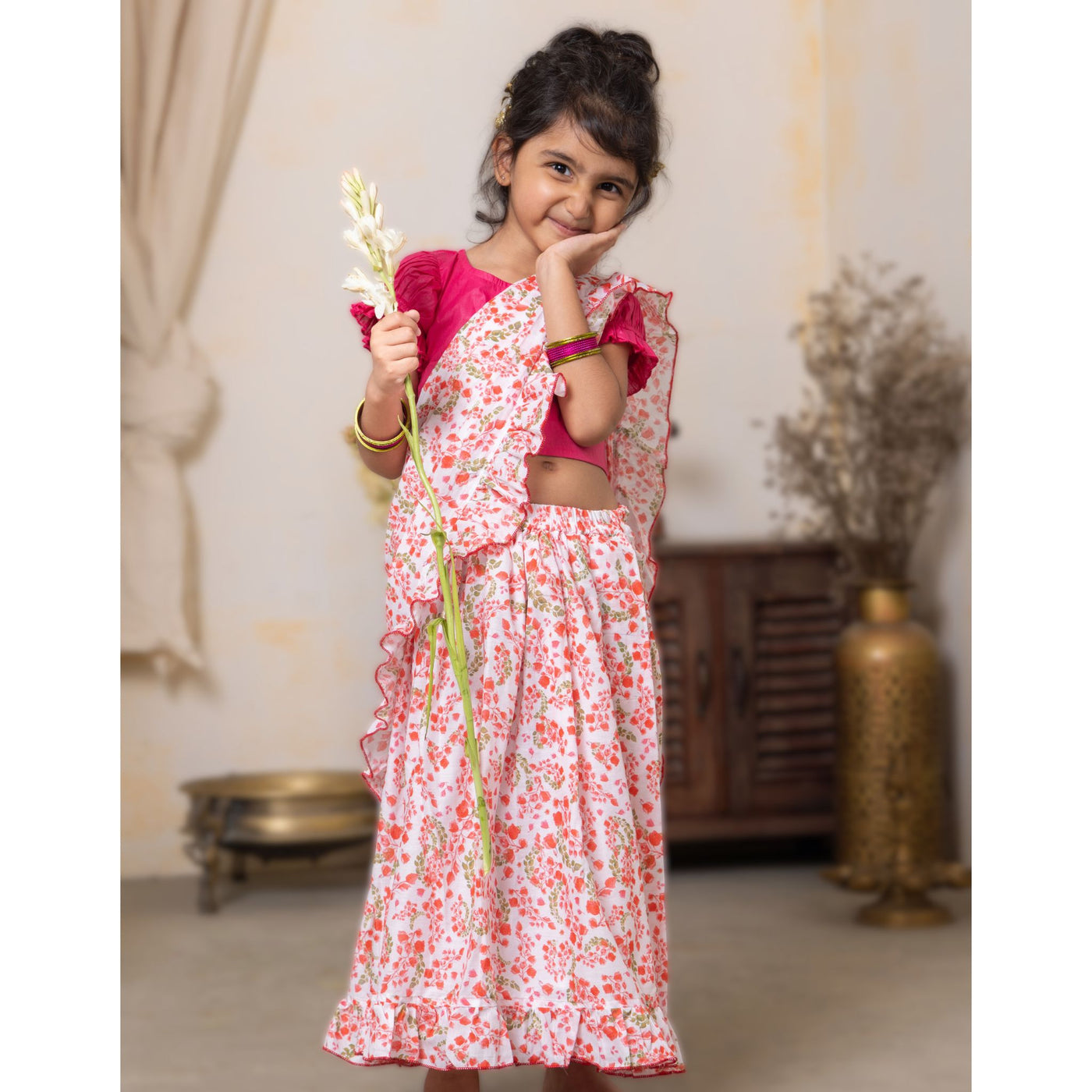 Prestitched Malmal Saree for Girls | Bougainvillea