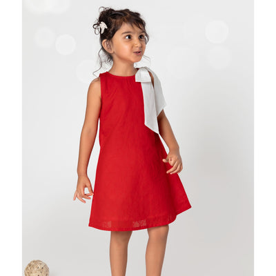 red dress with white bow, stylish cotton dress for girls, cotton lappet