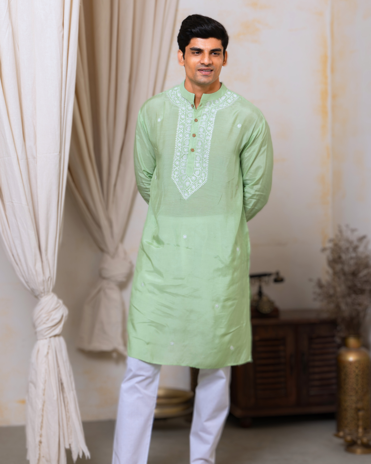 Embroidered Viscose Silk Kurta for Boys, Men | Mint Green