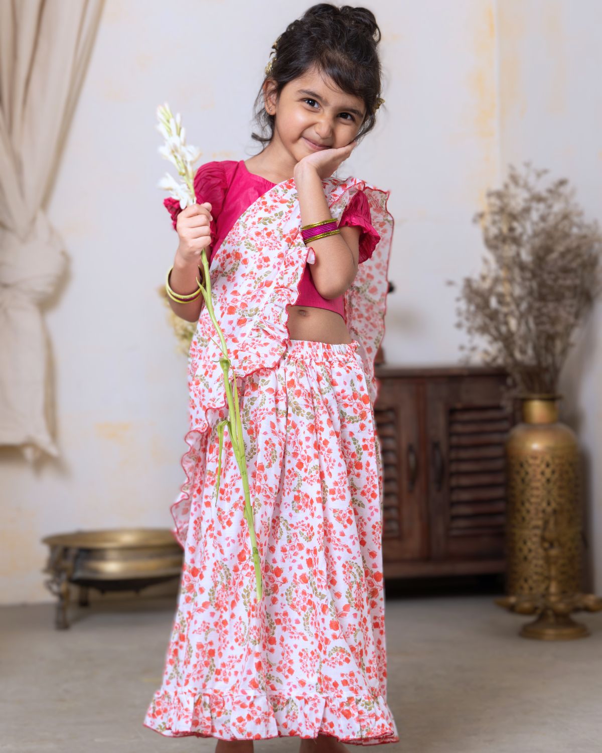 Prestitched Malmal Saree for Girls | Bougainvillea