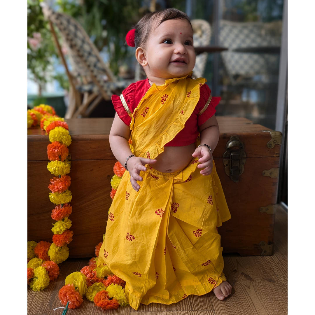 Prestitched Malmal Saree for Girls | Sunshine Yellow