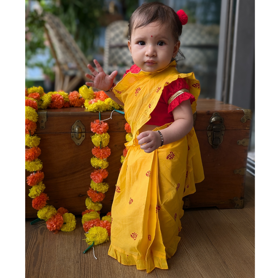 Prestitched Malmal Saree for Girls | Sunshine Yellow