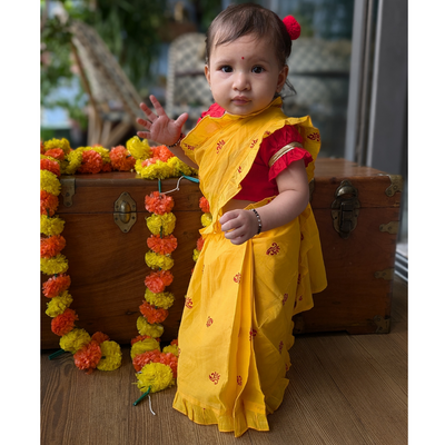 Prestitched Malmal Saree for Girls | Sunshine Yellow