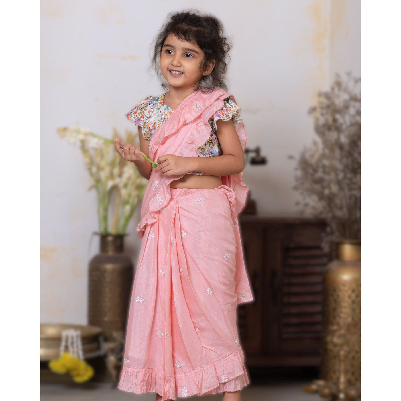 Prestitched Silk Embroidered Saree for Girls | Pink