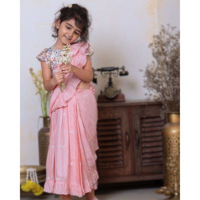 PINK PRESTITCHED SAREE FOR GIRLS