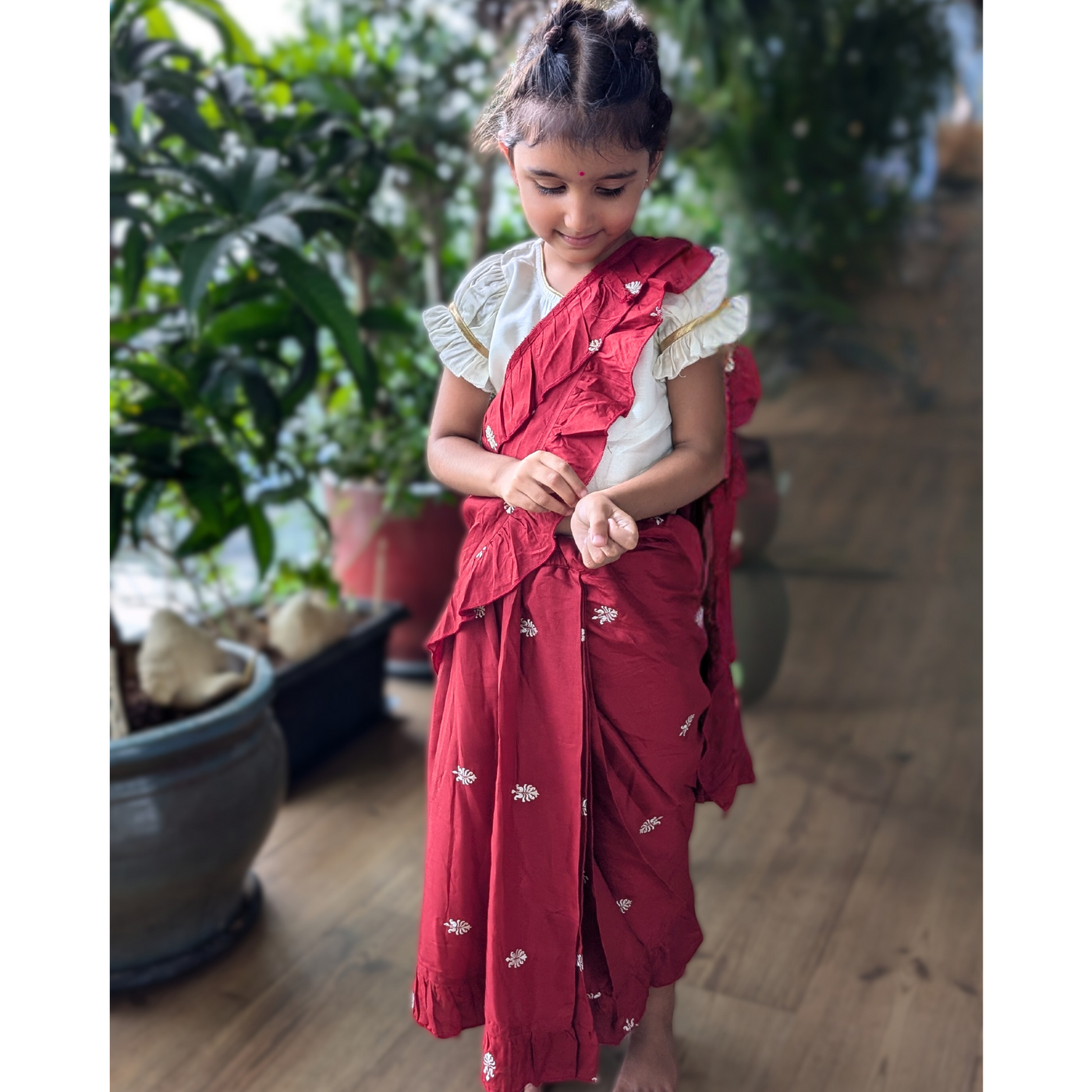 Prestitched Silk Embroidered Saree for Girls | Maroon