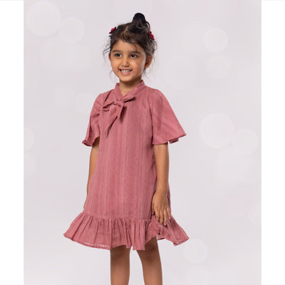 summer cotton dress with stylish tie up bow, dusty rose, pink colour