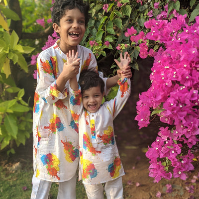White holi kurta with colorful patches and white pyjama – Stylemylo